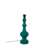 Old lamp with green turned wooden base and printed conical lampshade