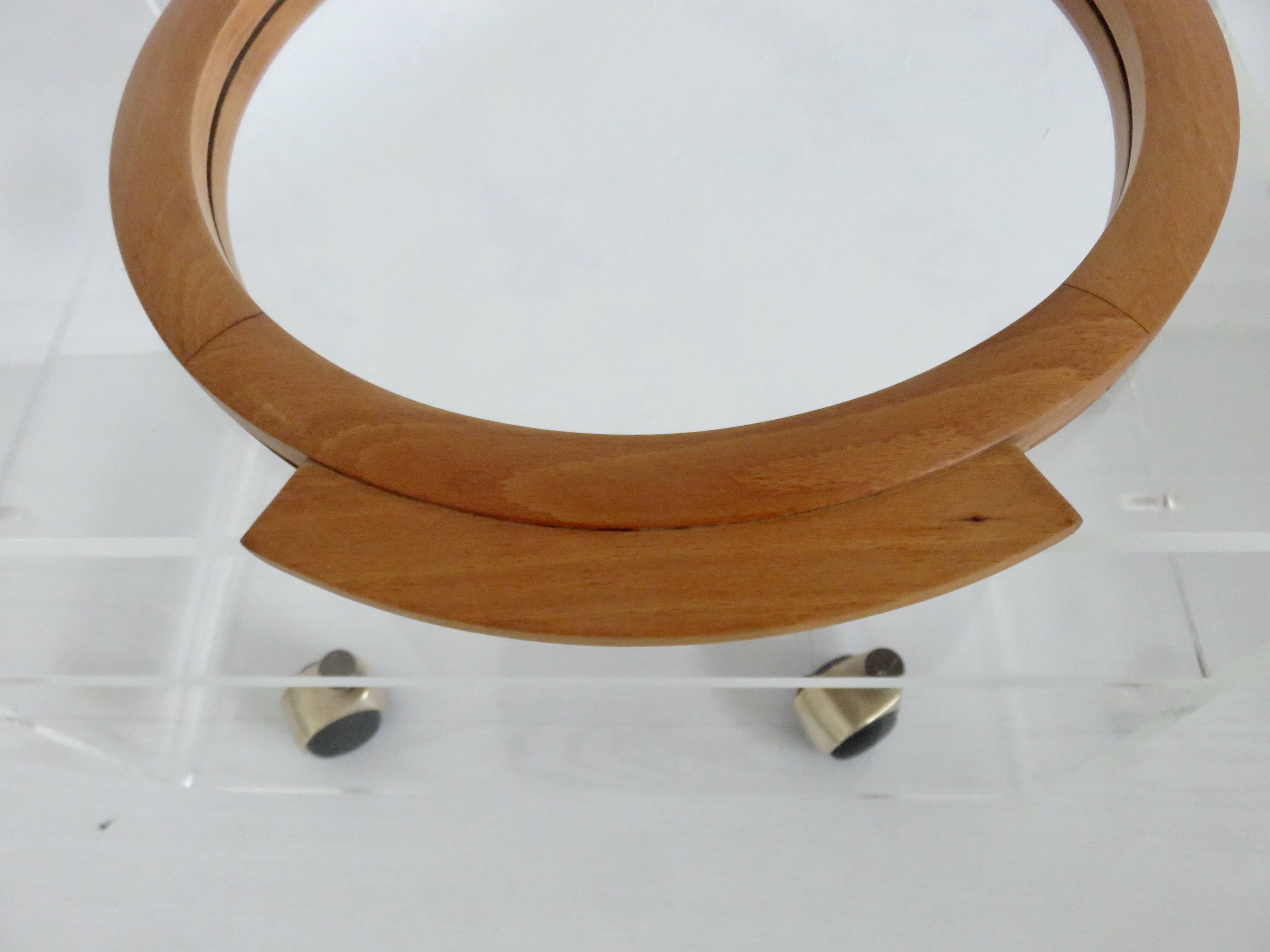 Large round mirror tray, Scandinavian, in blond wood, 60 70