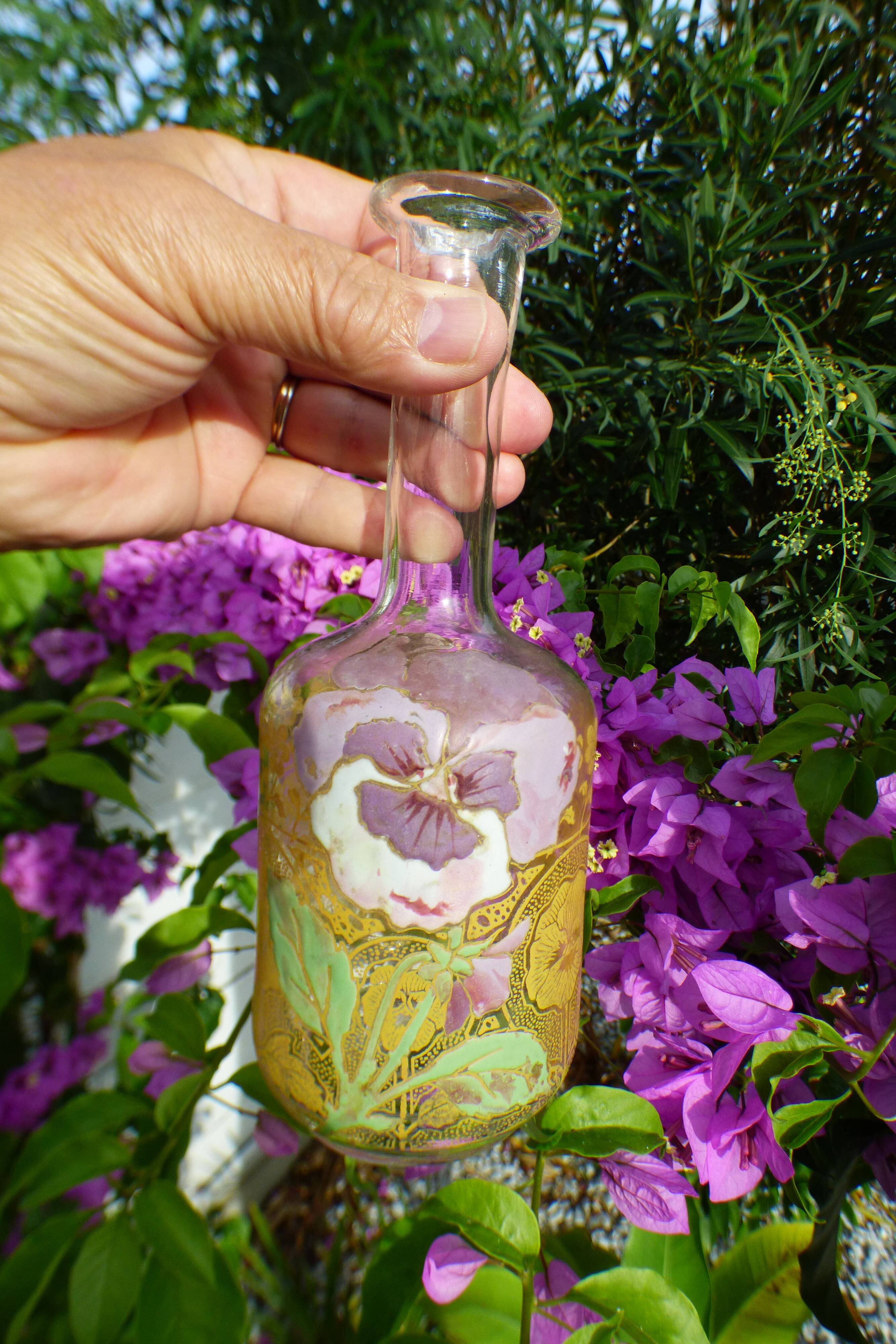LEGRAS carafe, enamelled with pansy flower.