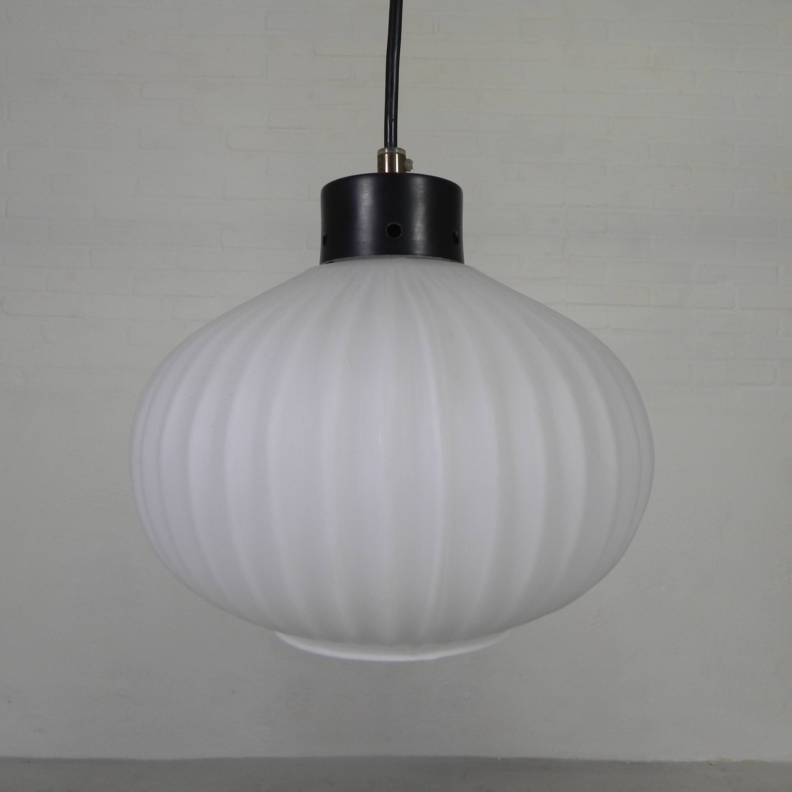 Vintage pendant lamp with white ribbed glass ball, 1960s
