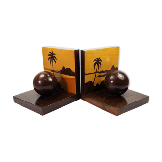 Pair of art deco exotic wood marquetry bookends, 1920s,