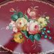 Russian plate in painted sheet metal burgundy old pink decoration and golden frieze
