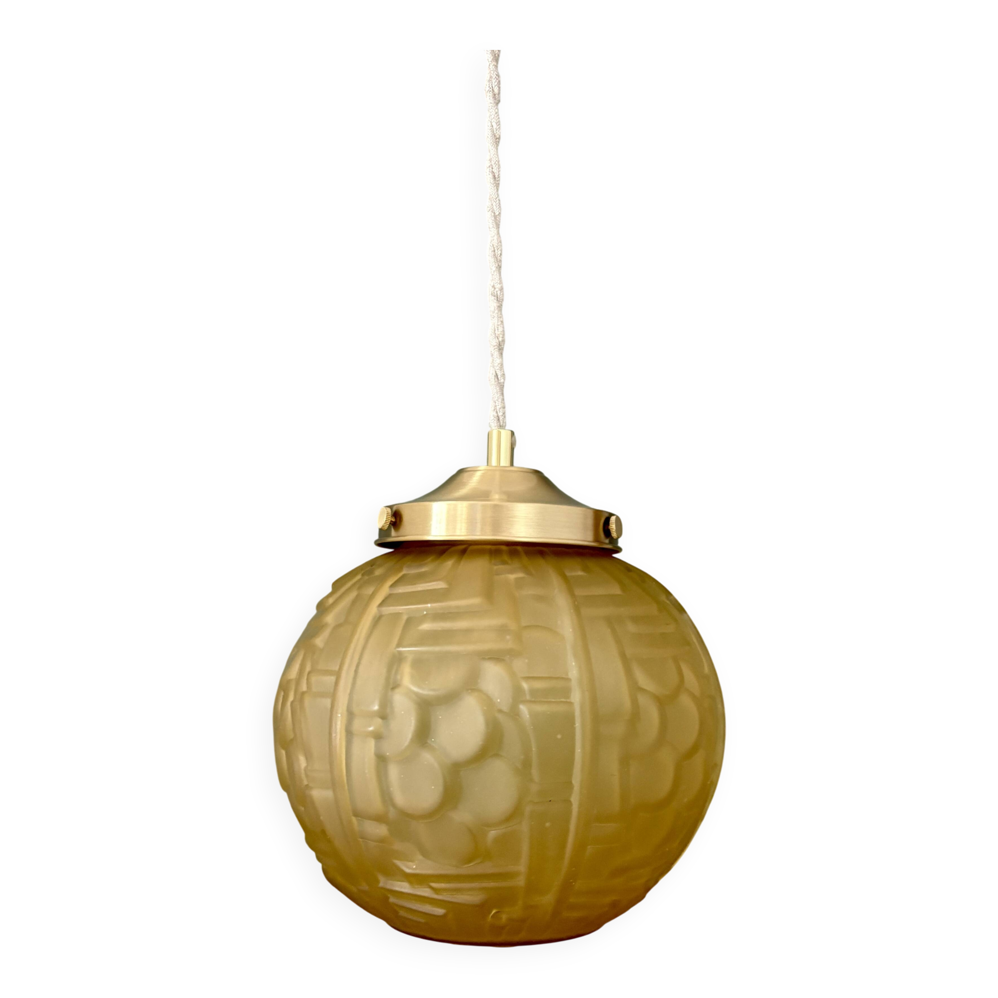 Suspension globe vintage art déco en verre dépoli jaune