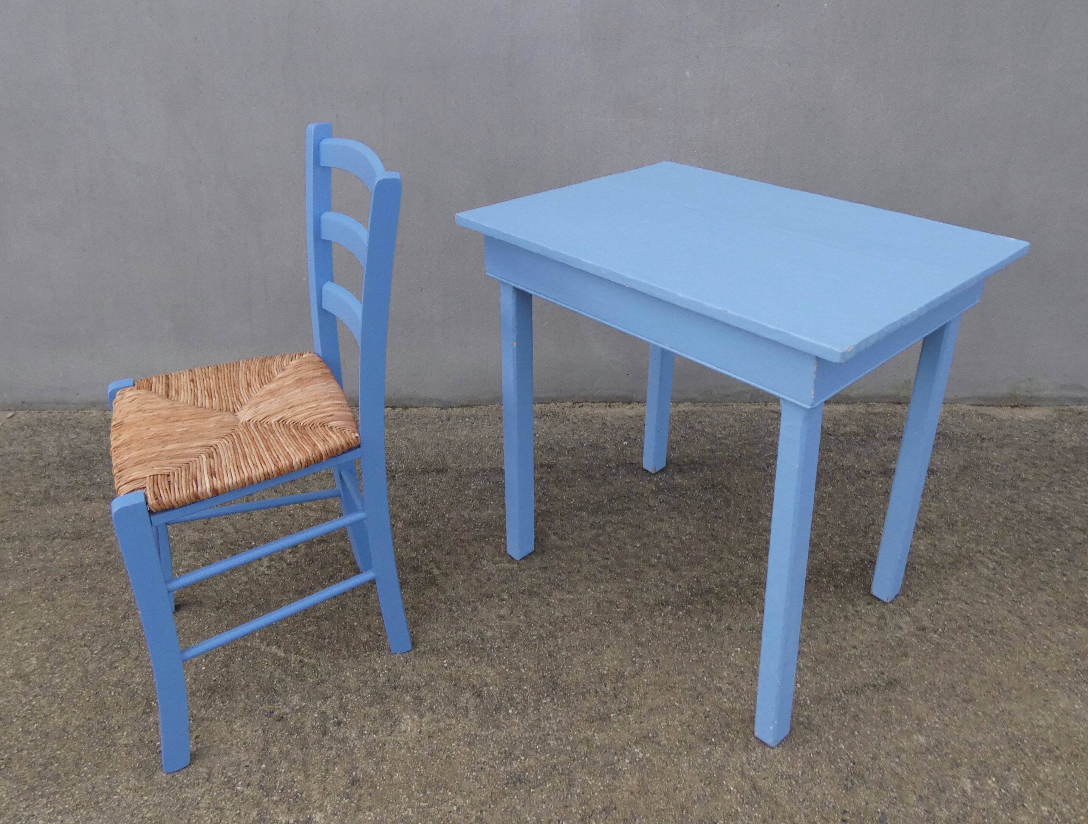 side table + blue wooden chair