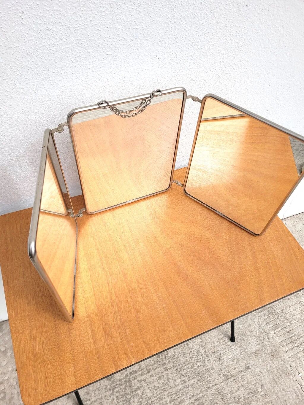 Vintage white triptych barber mirror