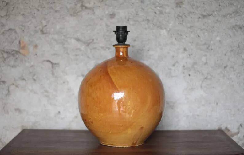 Large glazed terracotta lamp, signed globe lamp, vintage lamp, table lamp, living room lamp, interior decoration.