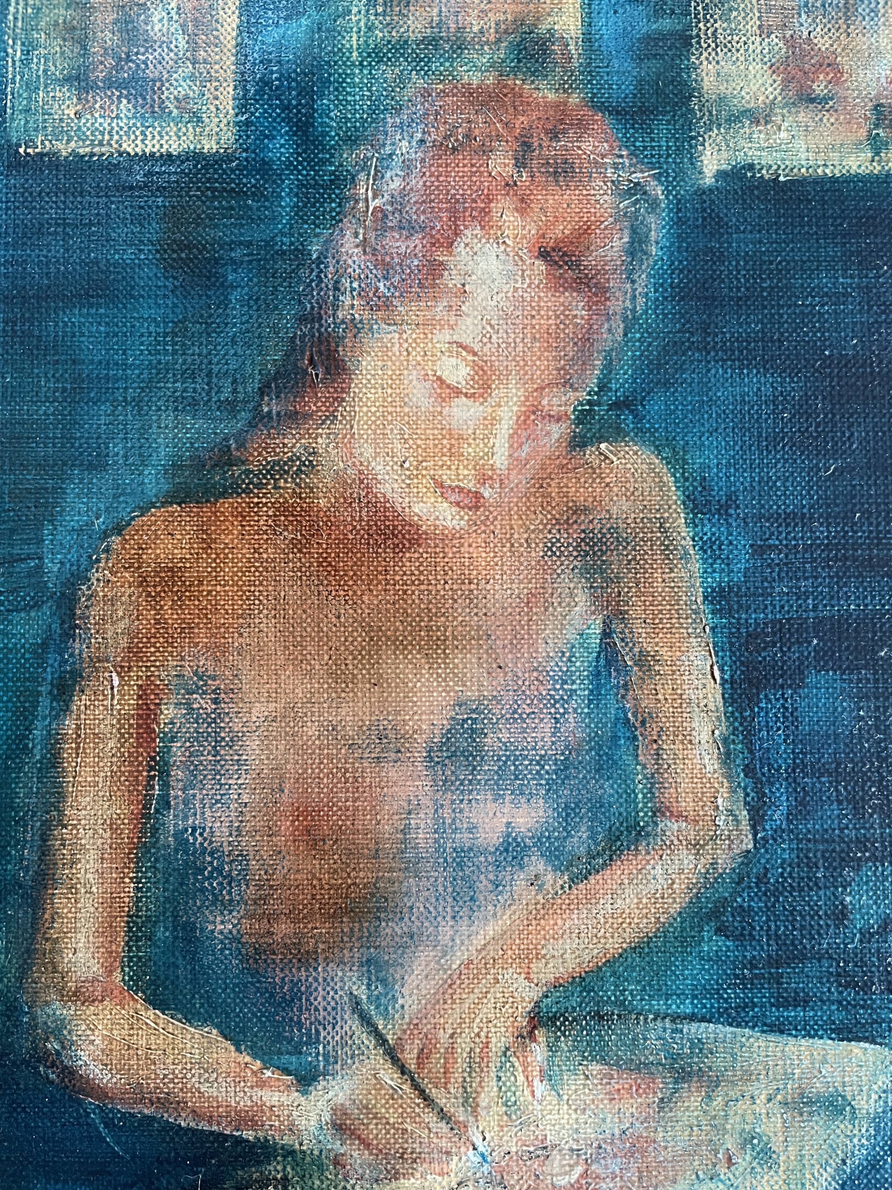Tableau huile sur toile signé portrait femme « La Dessinatrice »