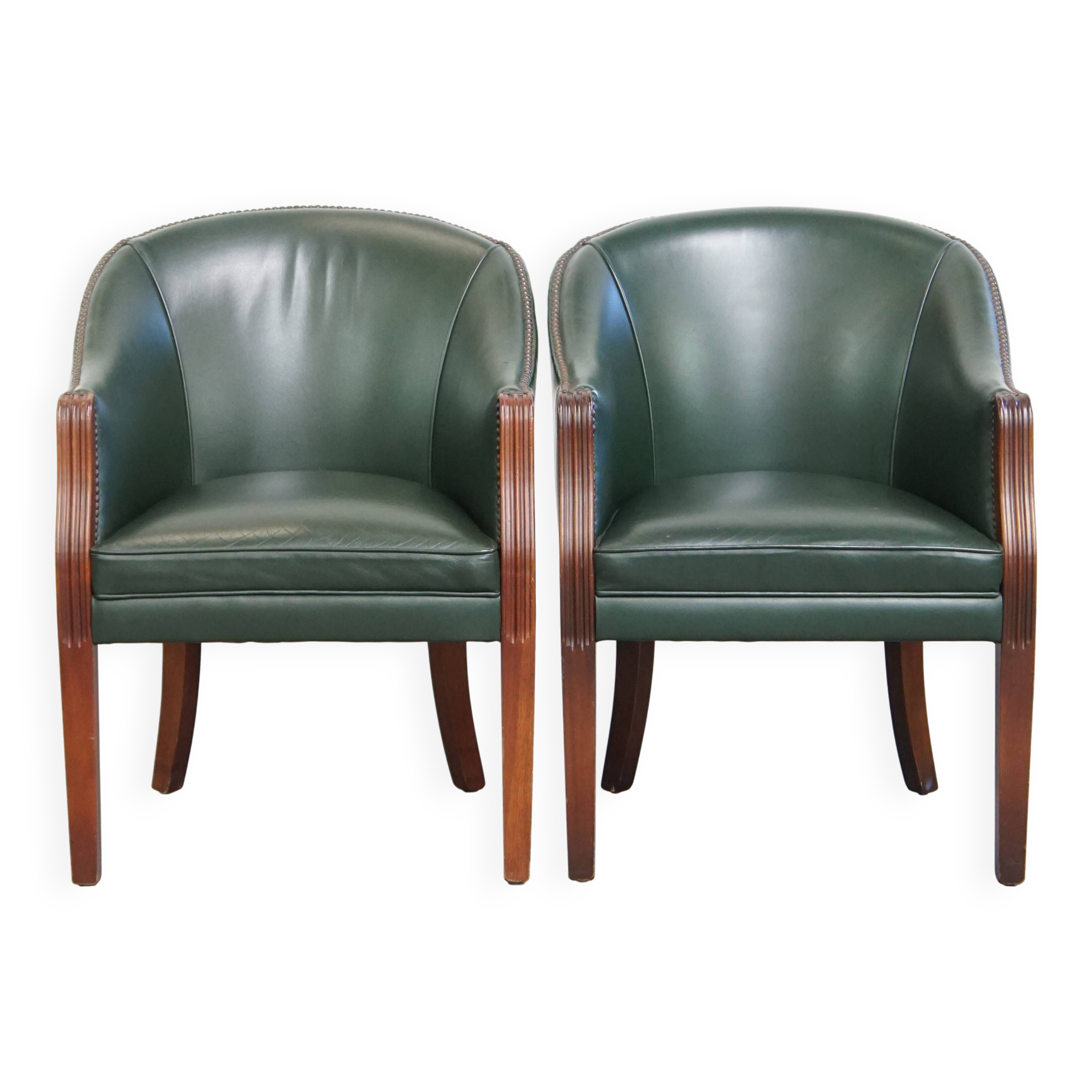 Set of 2 Green Cowhide Leather and Wooden Side/Dining/Office Chairs