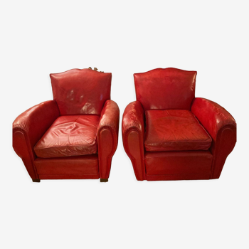 2 club chairs "moustache", 30s, in red leather