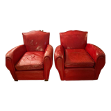 2 club chairs "moustache", 30s, in red leather