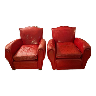 2 club chairs "moustache", 30s, in red leather