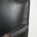 Wooden and black cow leather antique English Gainsborough side/desk/chair
