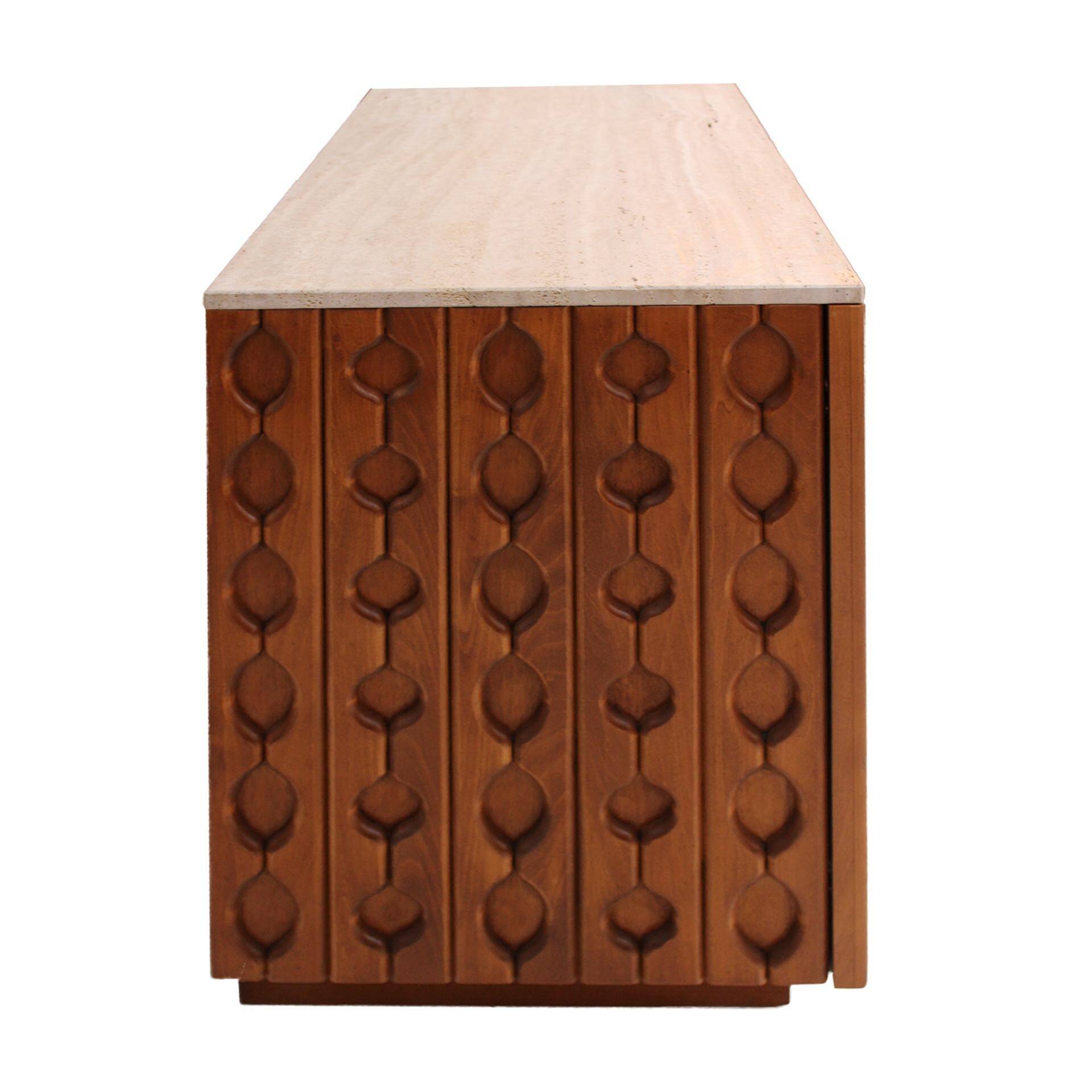 Contemporary Pair of Italian Sideboards Made of Solid Wood and Travertine