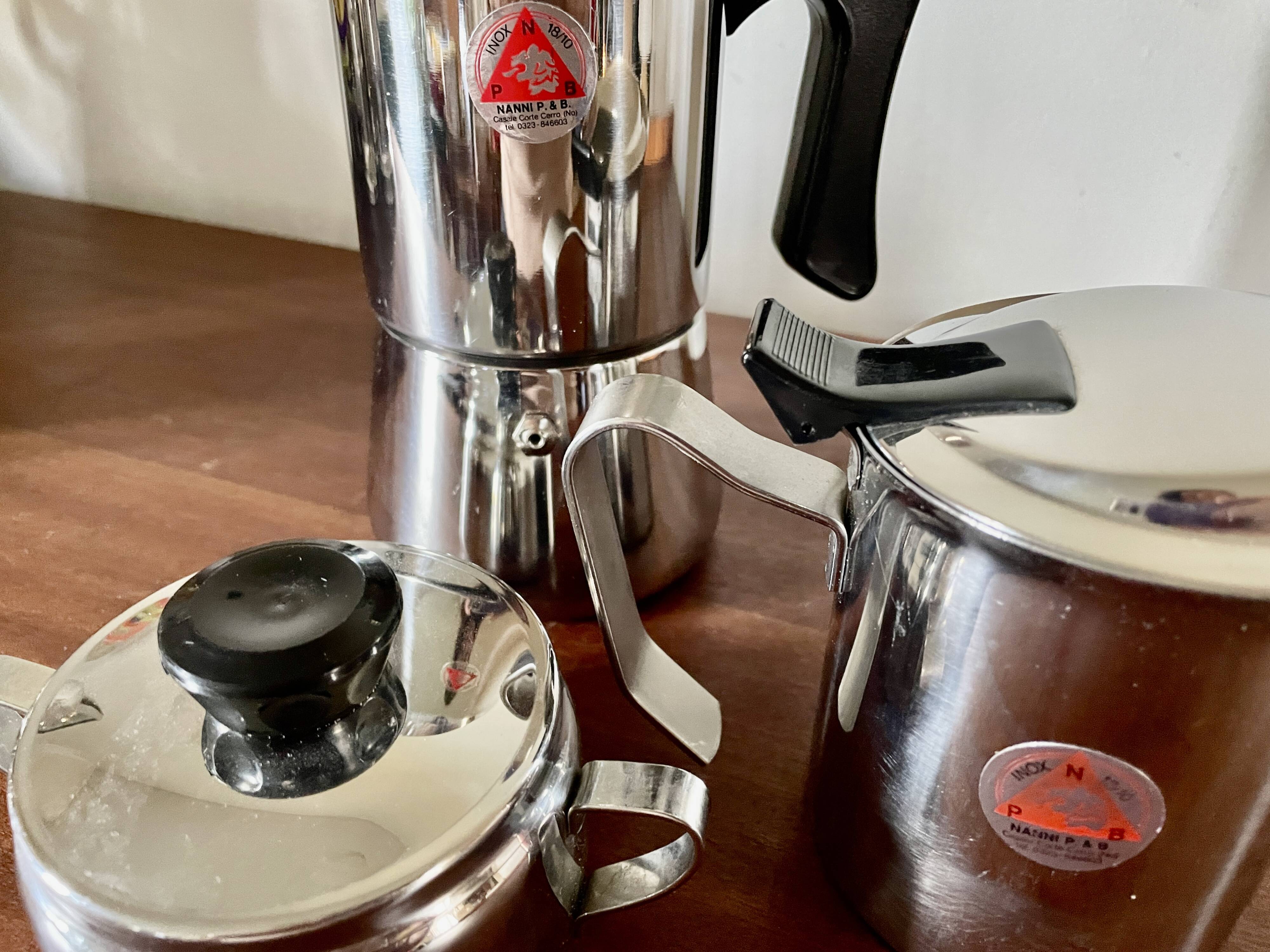 Euroexpress Nanni stainless steel set, 6-cup coffee maker, Italy 1980