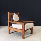 Brutalist Square Oak Lounge Chair, Belgium, 1950s