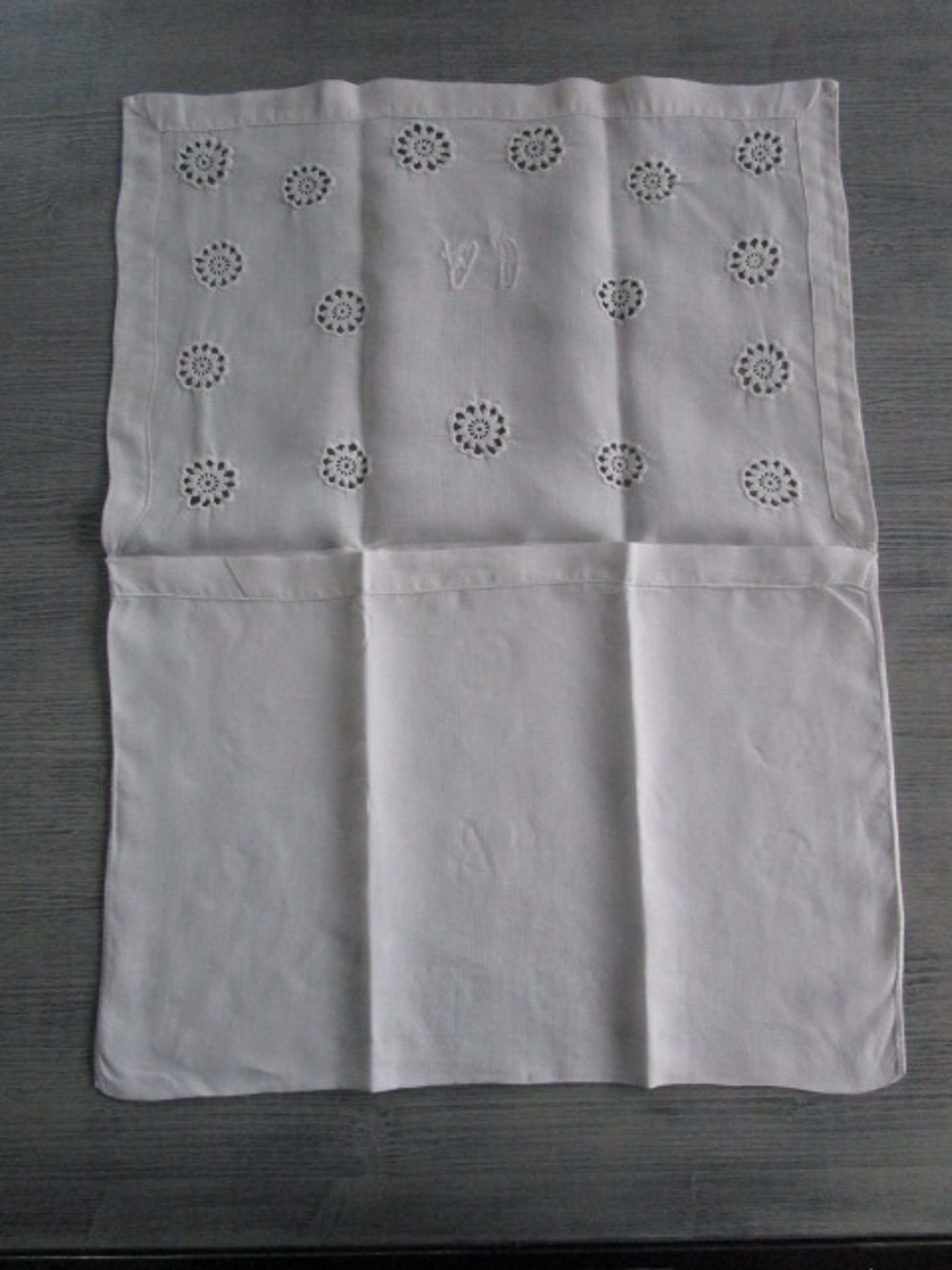 Old infant pillowcase embroidered/monogrammed cotton :49x33cm