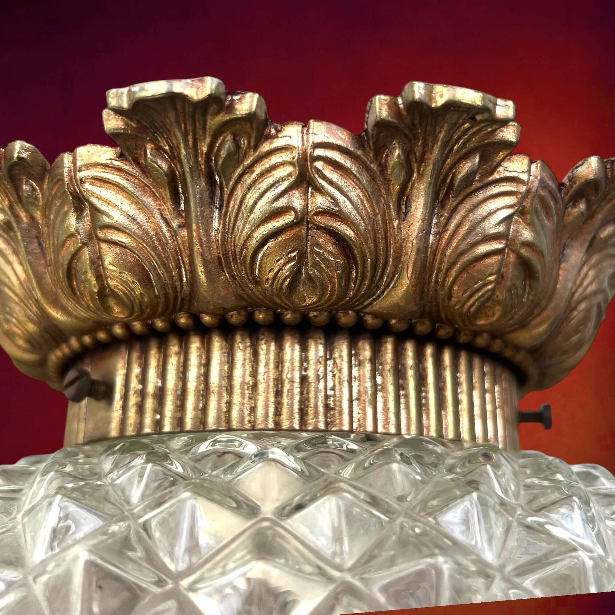 Pair of Massive Belgium ceiling lights in pressed glass and gold metal – late 1960s
