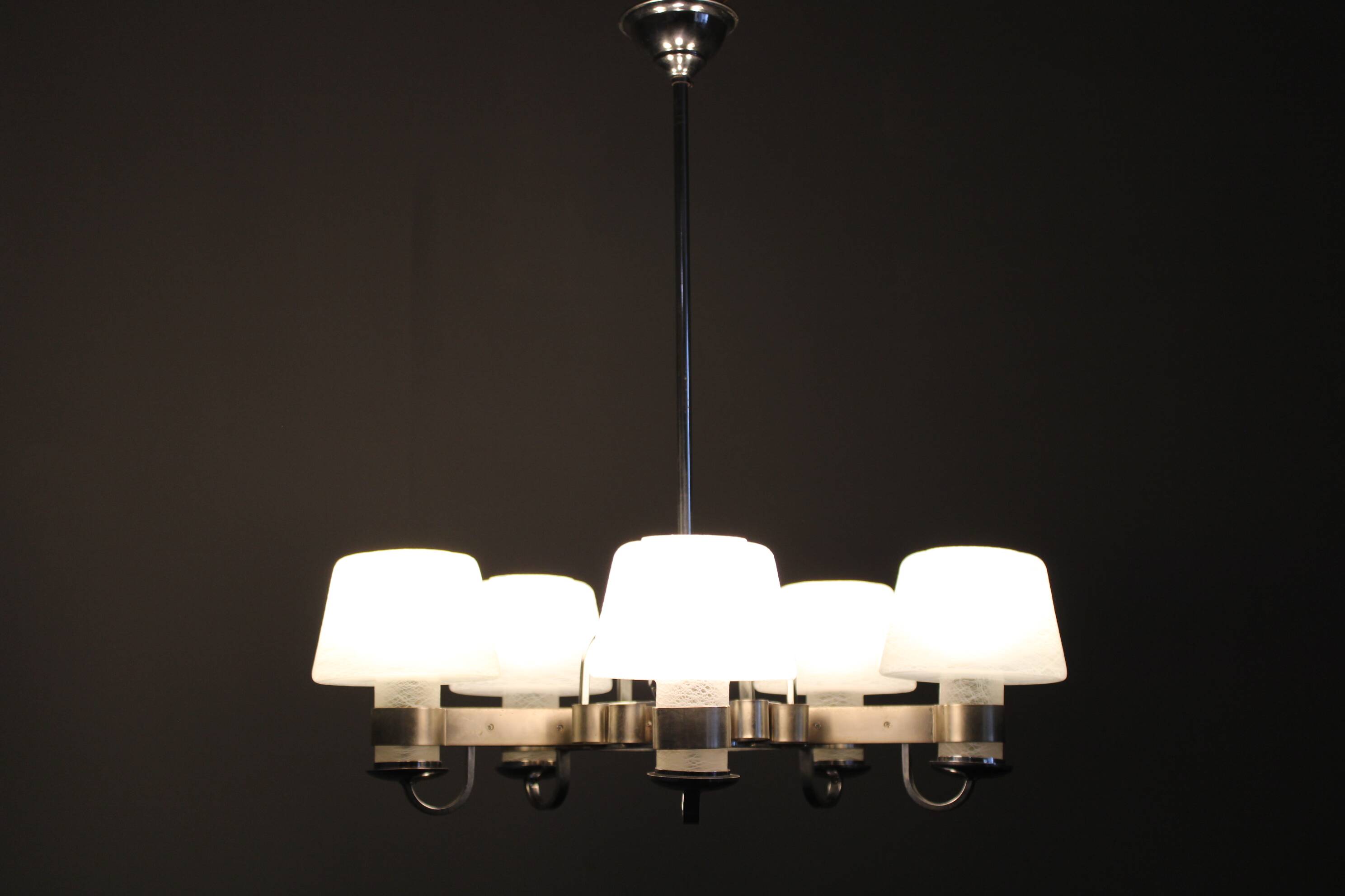 Art Deco nickel chandelier with textured glass, Czechoslovakia, 1930s