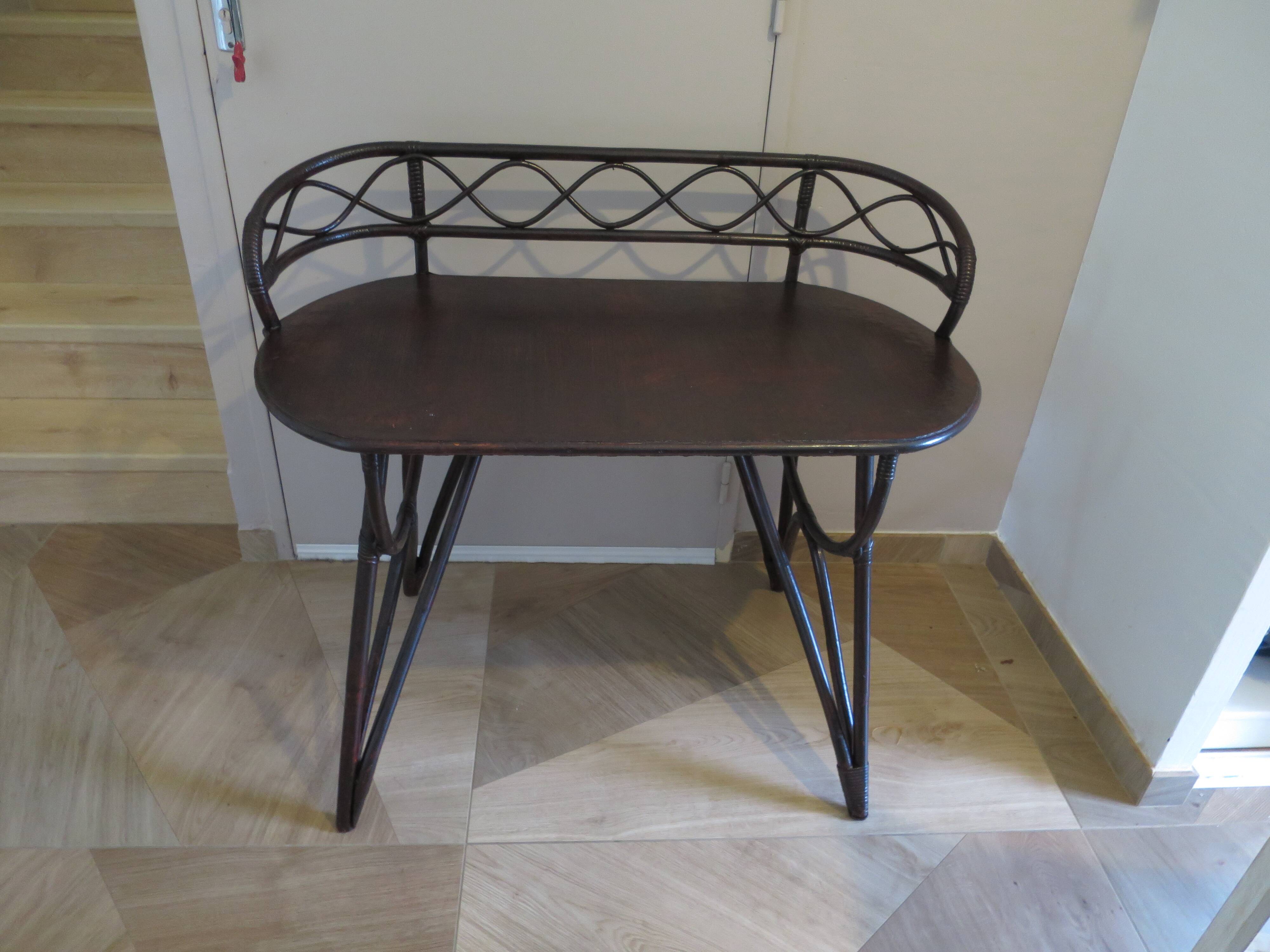 Vintage children's desk console bamboo rattan curved wood Thonet style 80s dark mahogany