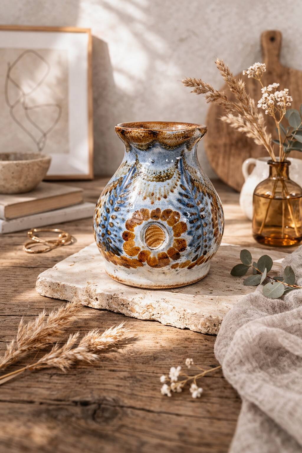 Vase grès signé Courjault – céramique française vintage 1980
