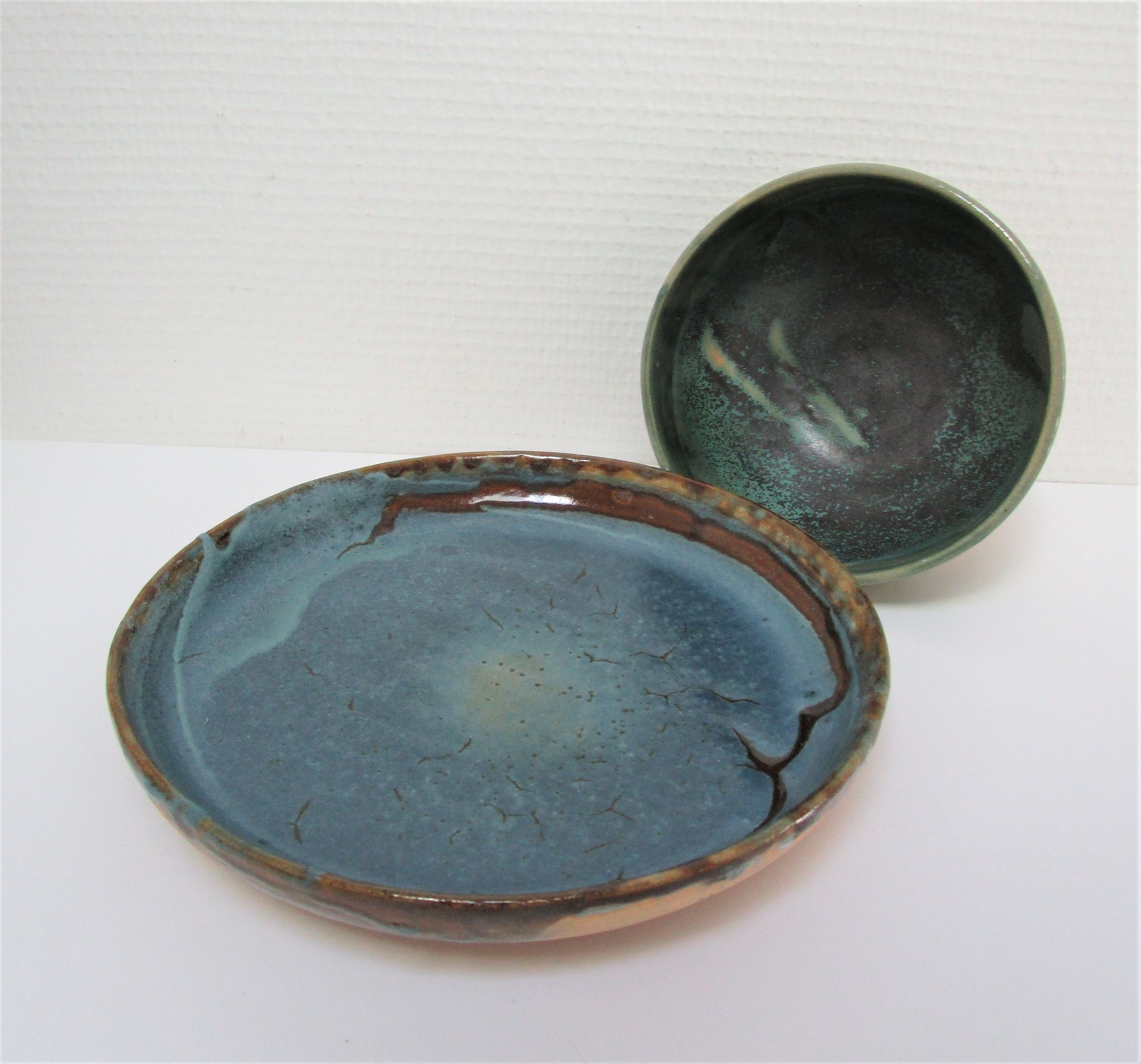 Bowl and round ceramic dish enamelled blue green brown vintage signed vintage