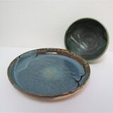Bowl and round ceramic dish enamelled blue green brown vintage signed vintage
