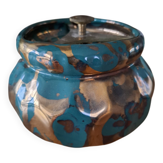 Lucien brisdoux tobacco jar. green and gold varnish. good seal. tightening screw i