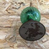 Old kerosene lamp, brass pedestal & green glass body + vintage glass tube