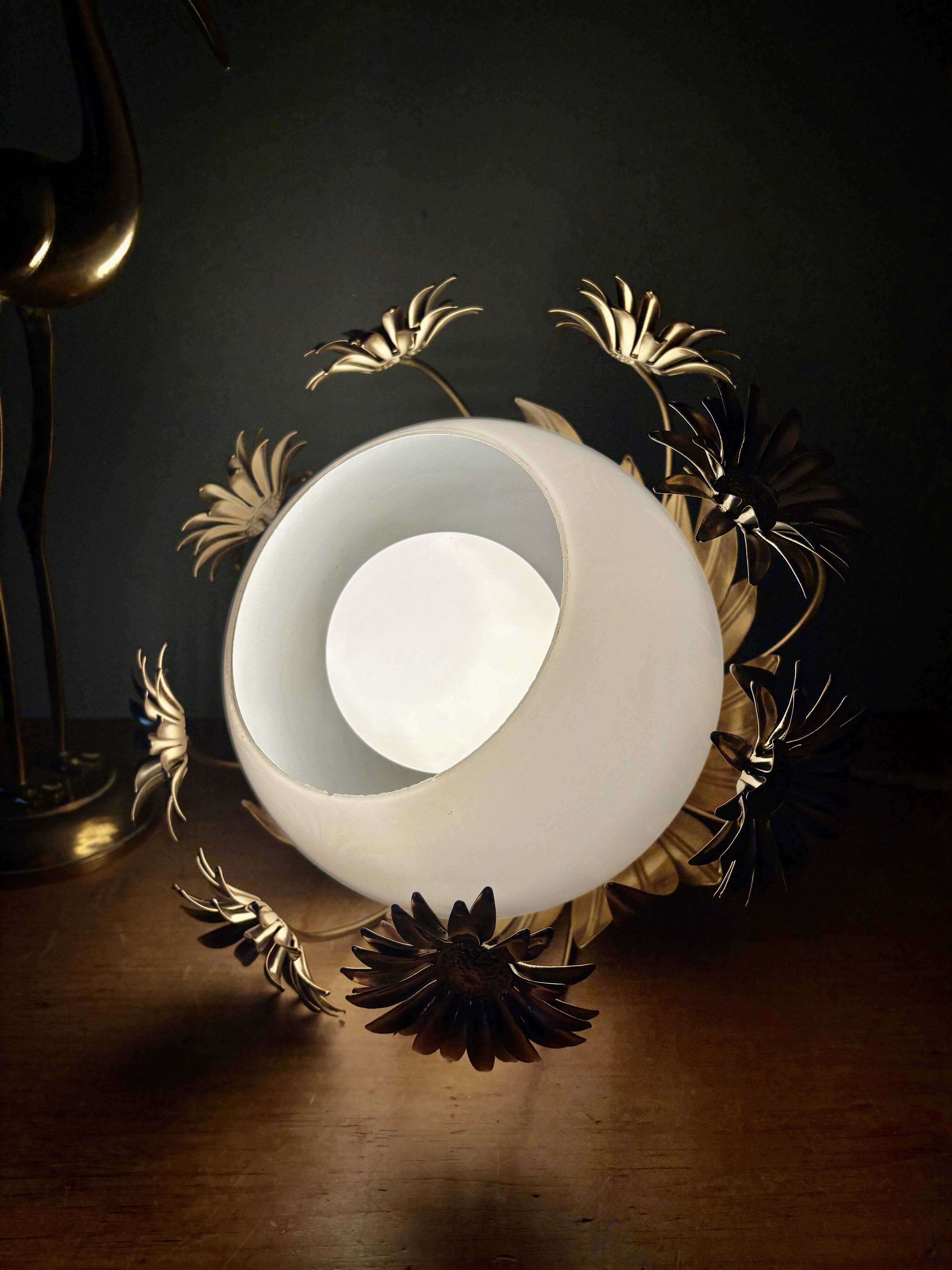 Pendant light in gilded metal and antique opaline globe