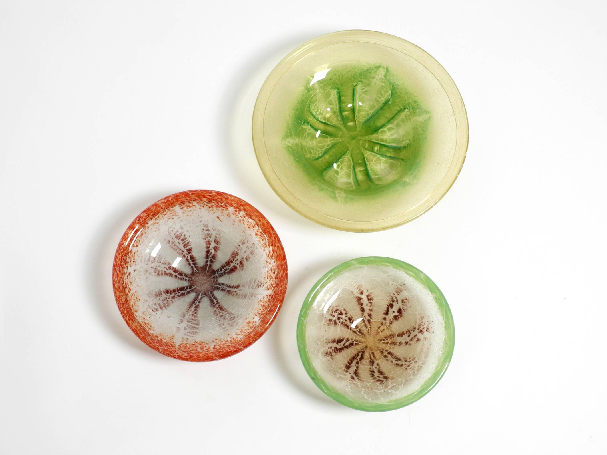 Three large colored 1930s glass bowls by Karl Wiedmann for WMF Ikora