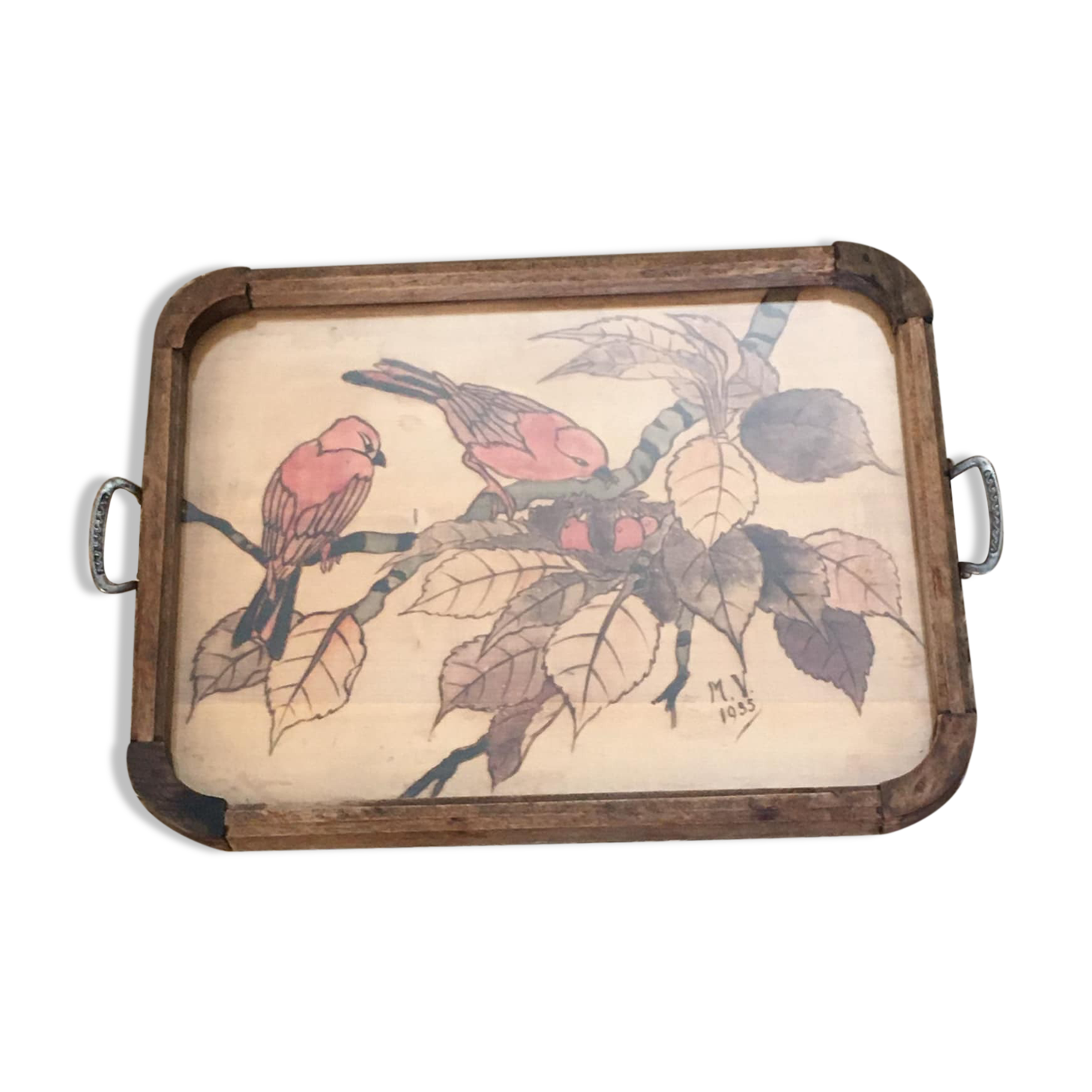 Tray wood engraving "birds" signed mv and dated 1935. under glass. chiseled metal handles