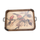Tray wood engraving "birds" signed mv and dated 1935. under glass. chiseled metal handles