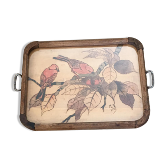 Tray wood engraving "birds" signed mv and dated 1935. under glass. chiseled metal handles