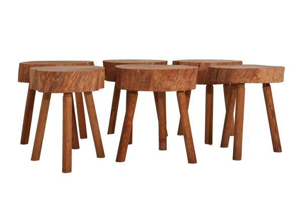 6 tabourets ou chevet rondin brut France vers 1970