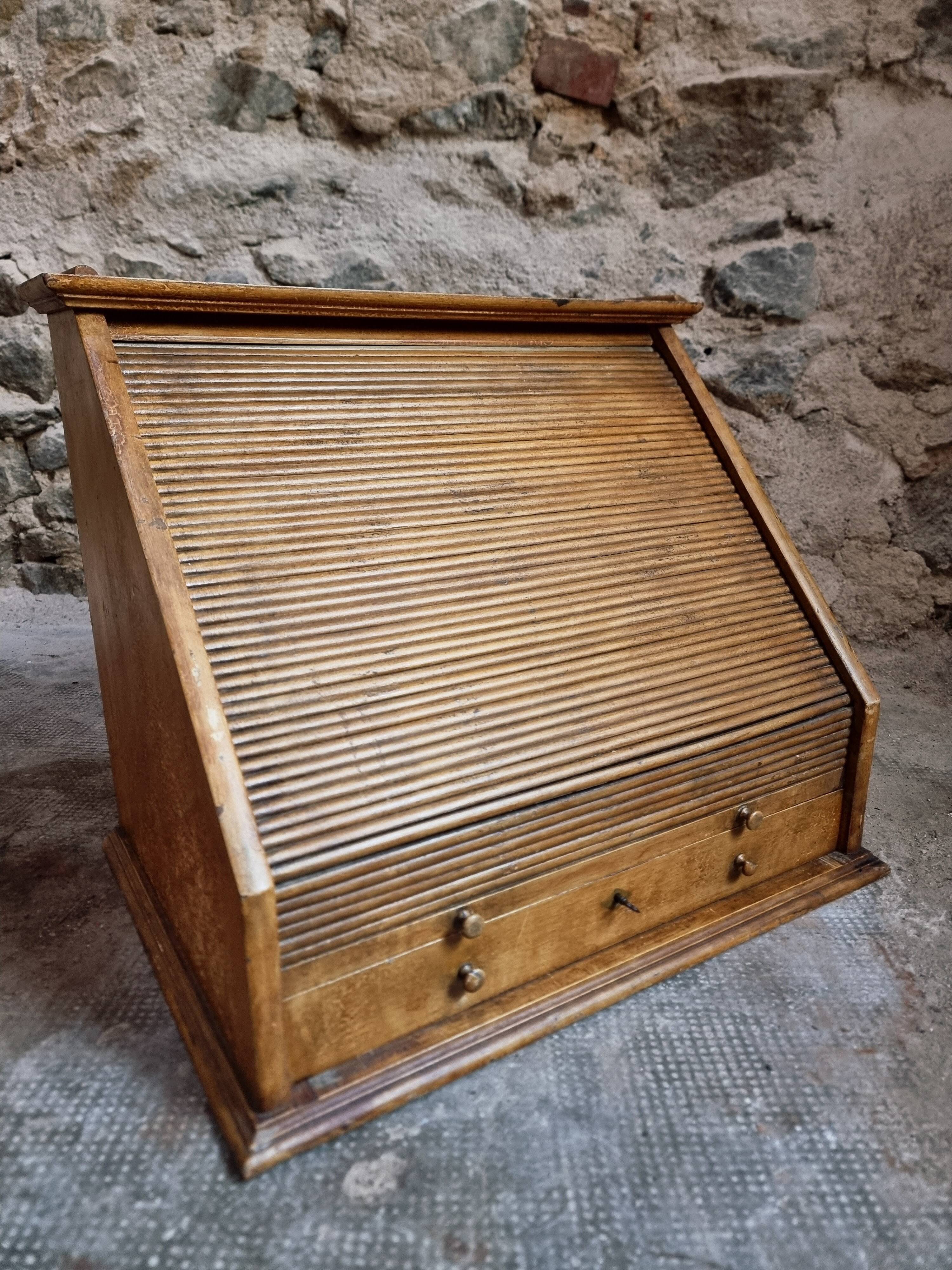 Antique French optician's table display cabinet – Walnut curtain display cabinet, early 1900s.