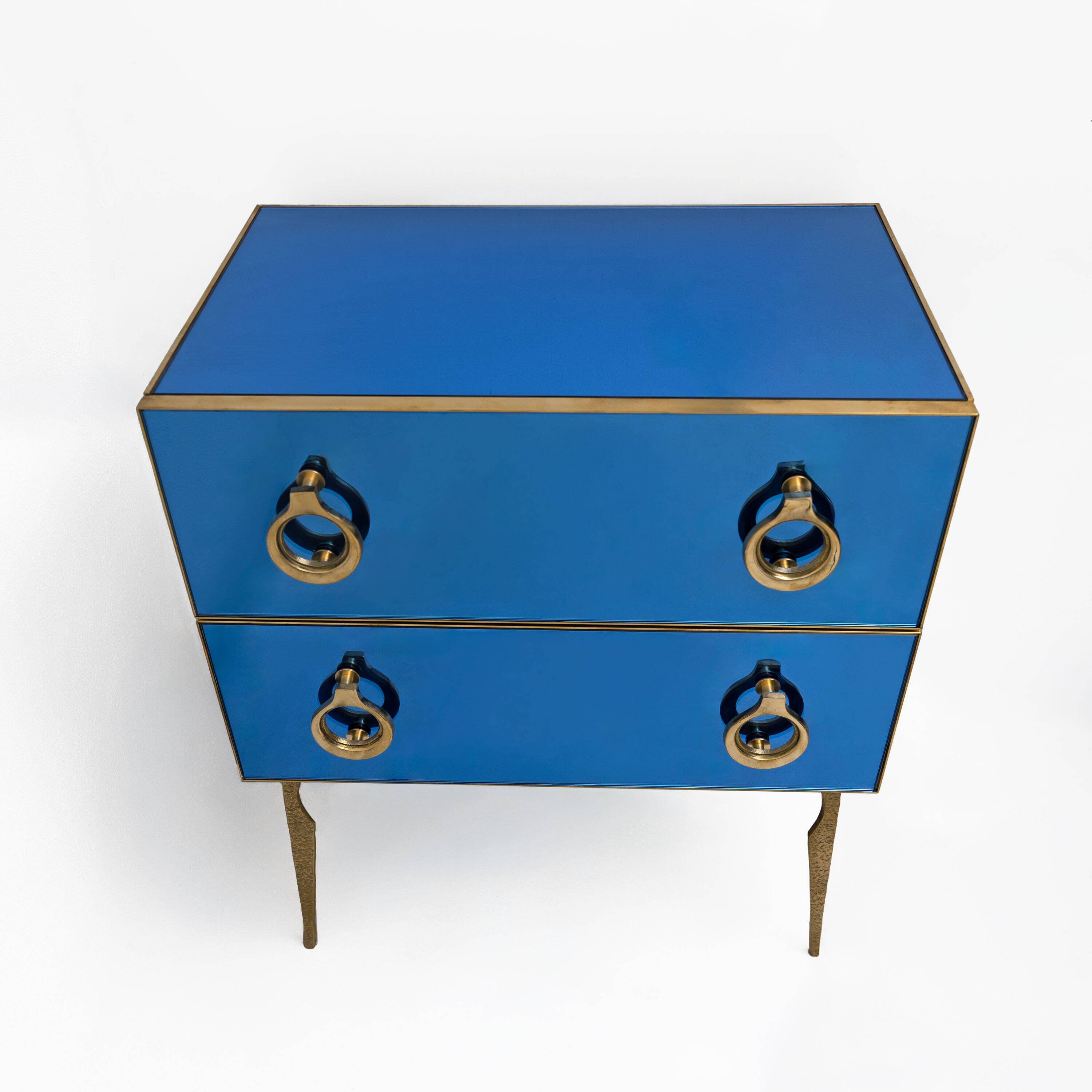 Blue Mirrored Chest of Drawers with Brass Details, Mid-Century Modern Style