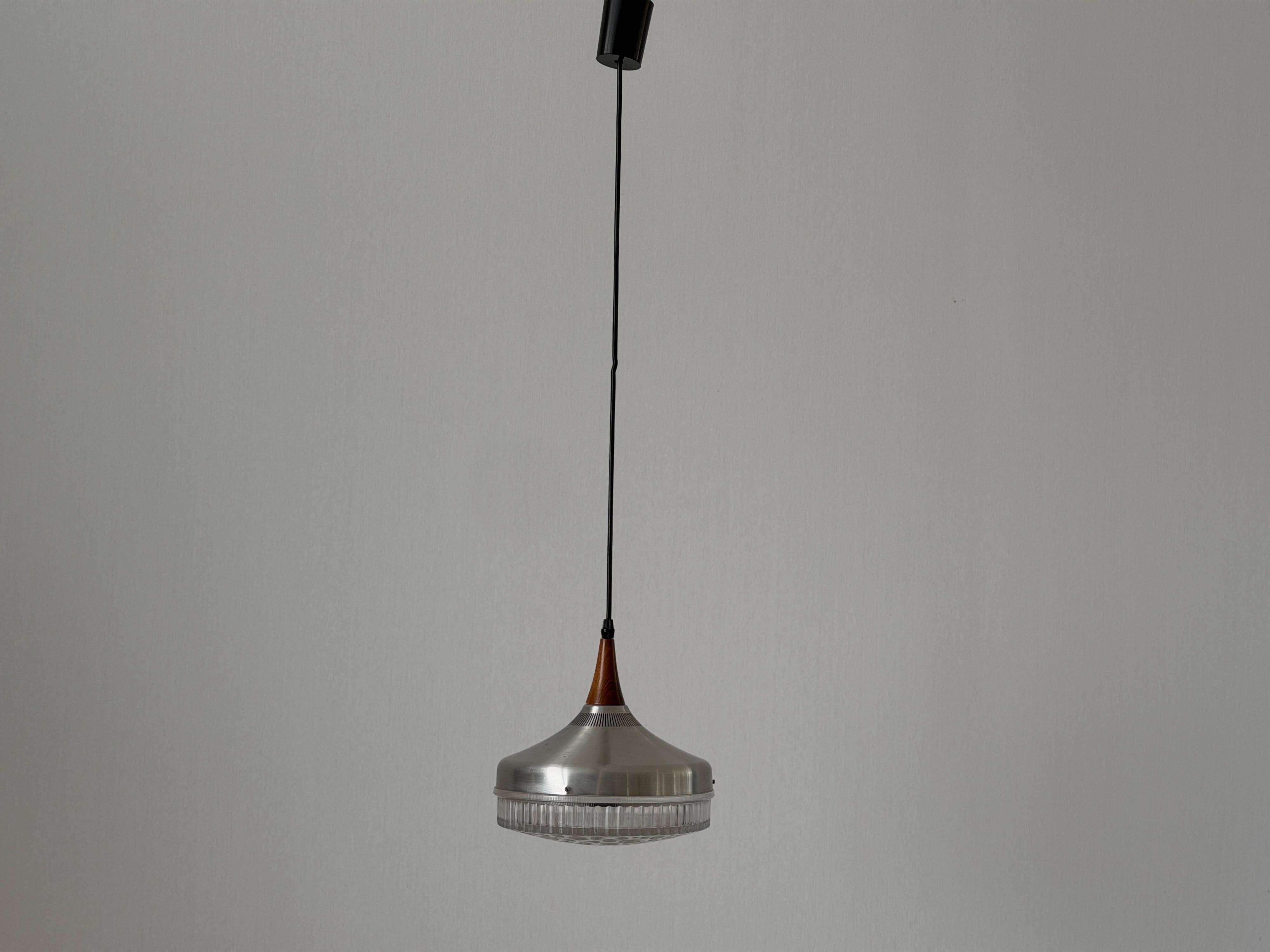 Crystal glass ceiling light with a metal frame and wood details, 1960s, Germany.
