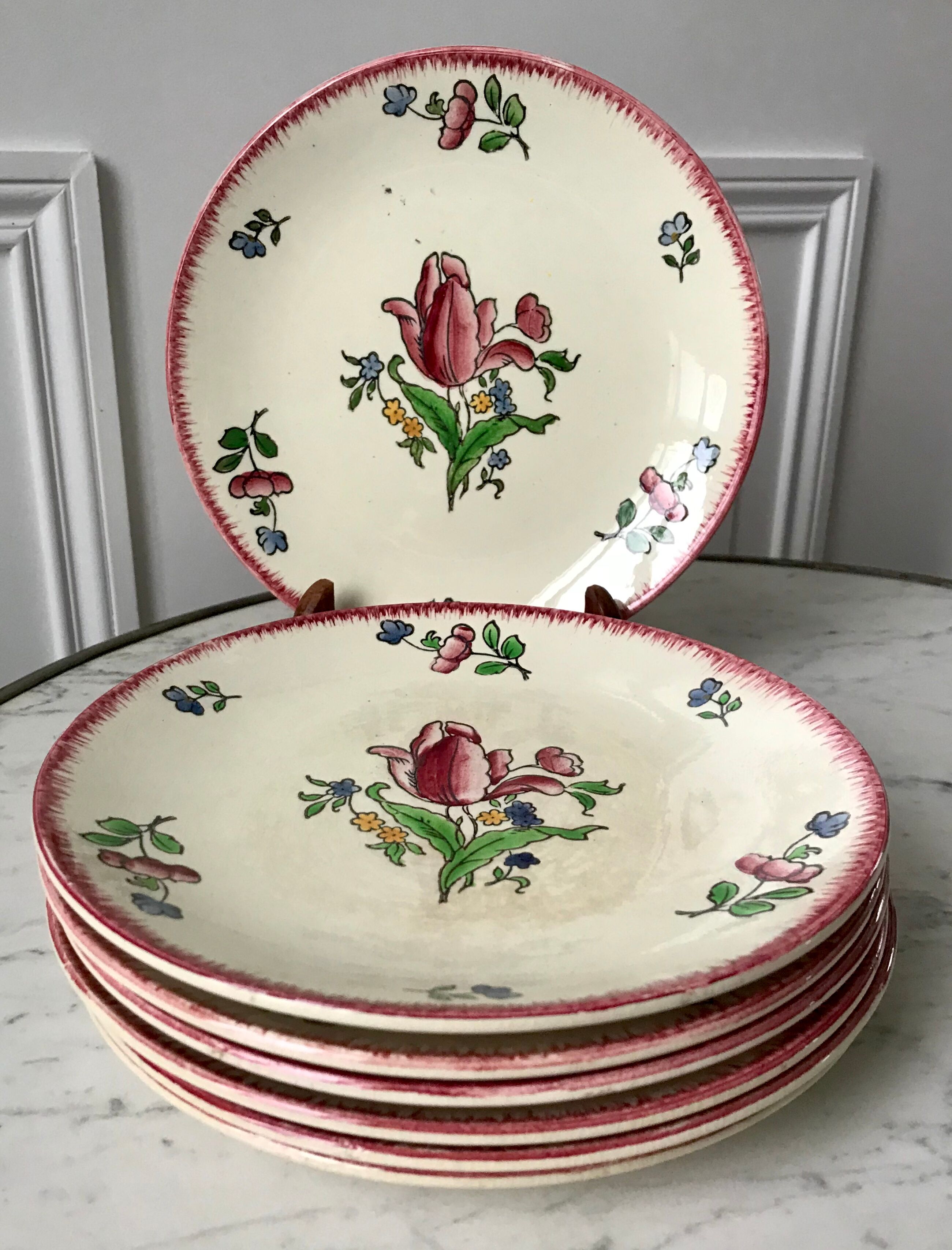 Set of 7 dessert plates gien model "lorraine" hand painted 30-40s