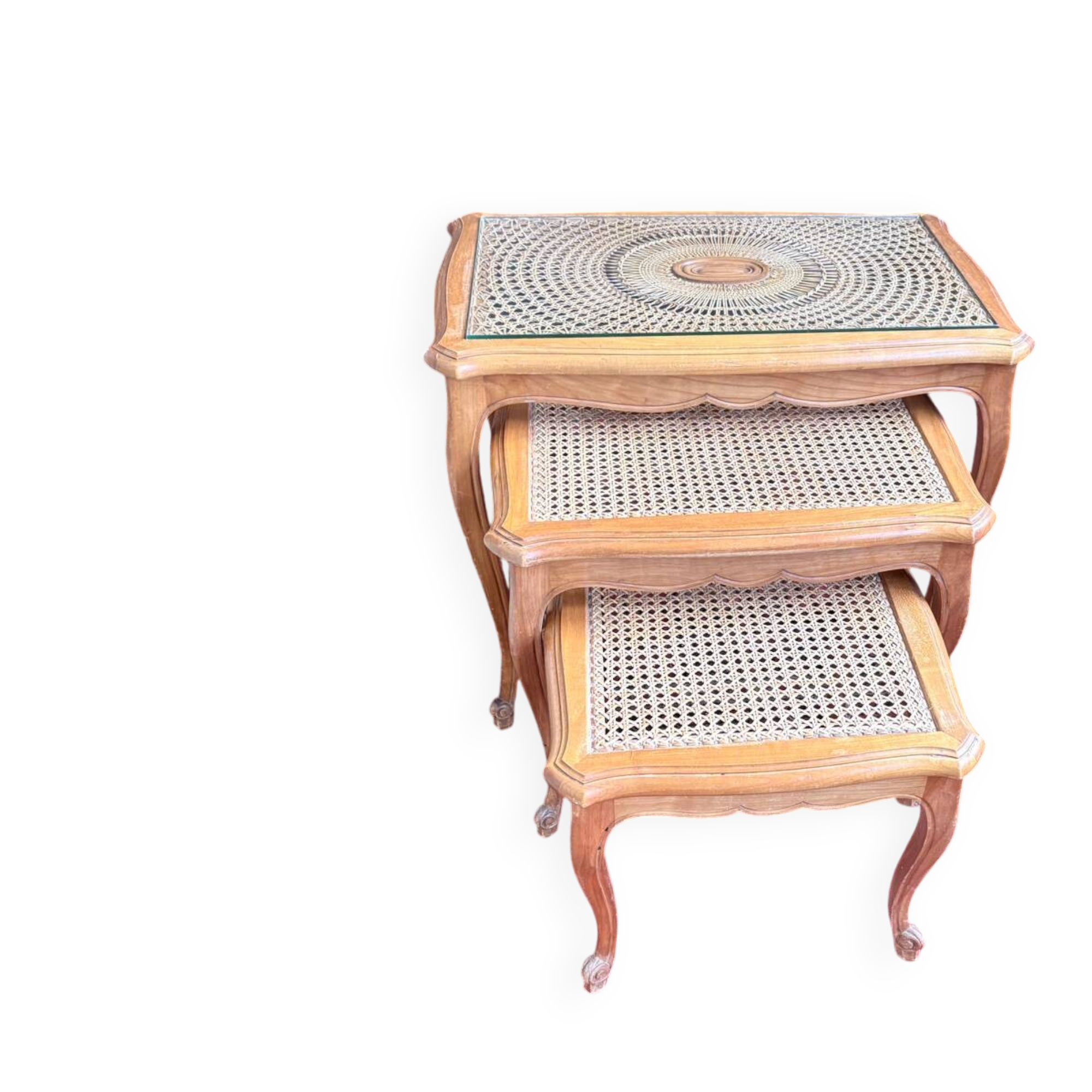 Vintage nesting tables in wood and cane – perfect condition.
