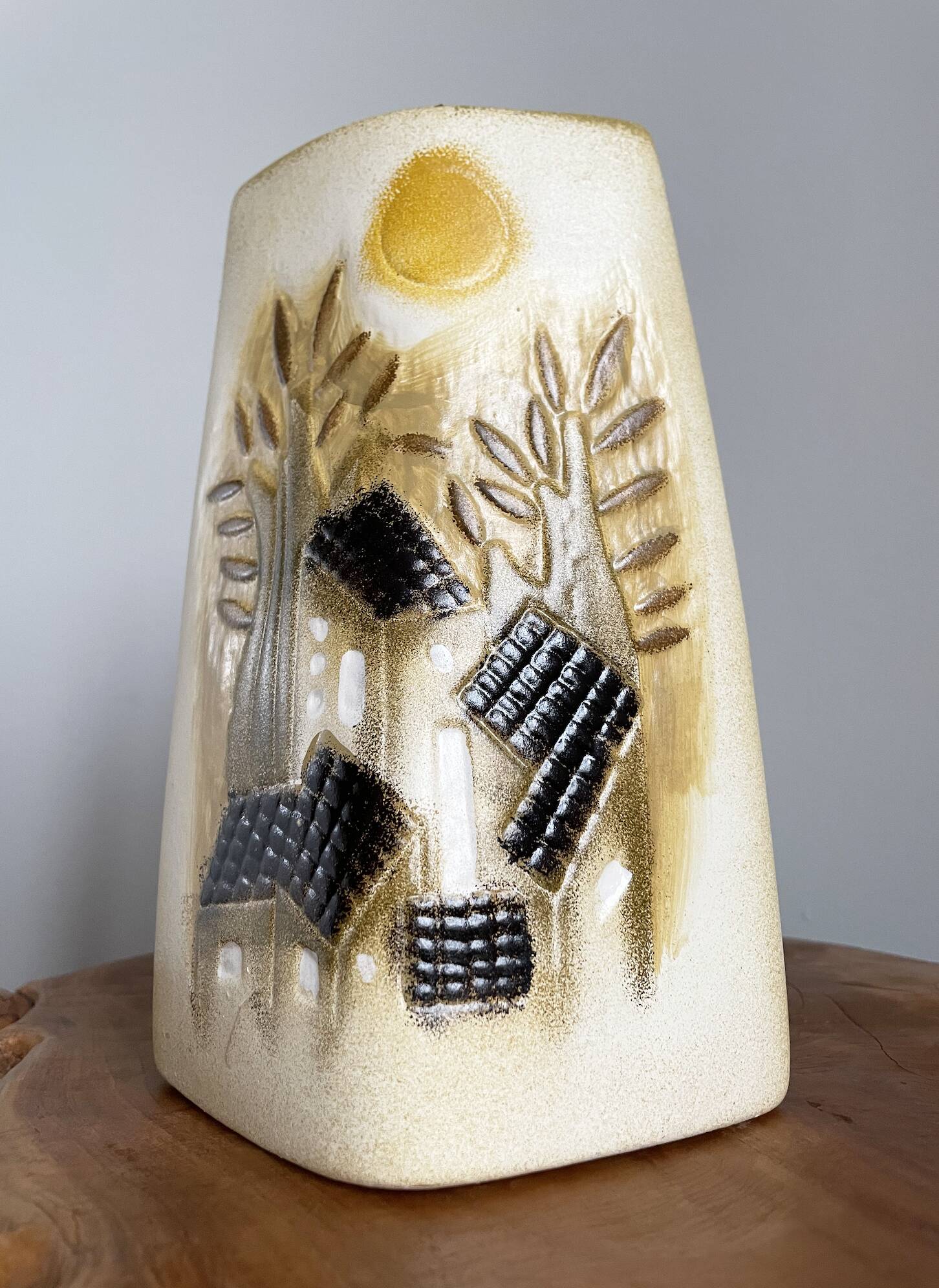 Beige-Yellow Chinese Ceramic Vase with Tactile Design Depicting Houses, Sun, Trees and Countryside