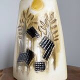 Beige-Yellow Chinese Ceramic Vase with Tactile Design Depicting Houses, Sun, Trees and Countryside