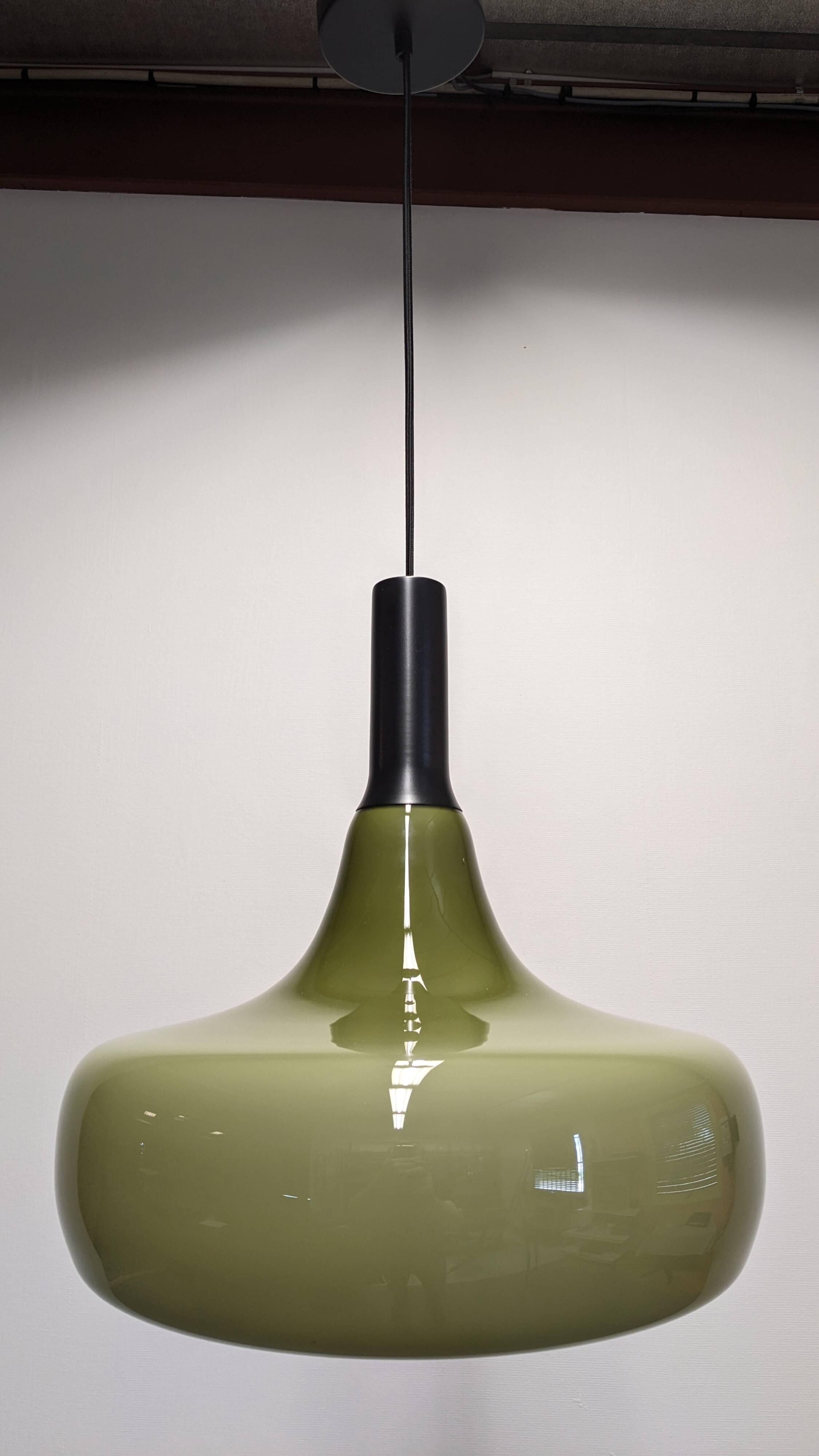 XL olive green opaline water drop pendant light from the 60s/70s