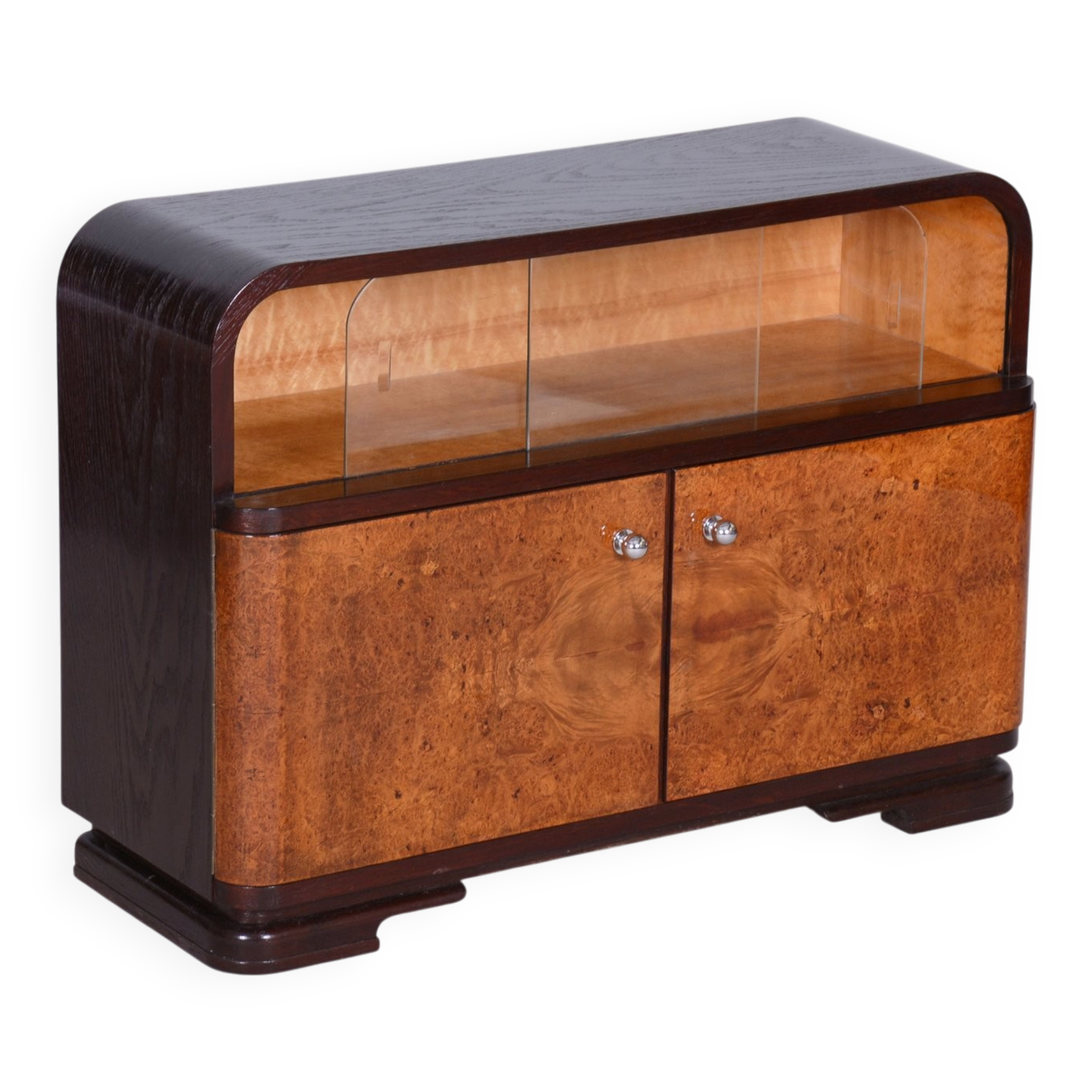 Czech Art Deco Cabinet in Oak, Maple and Glass, 1930s