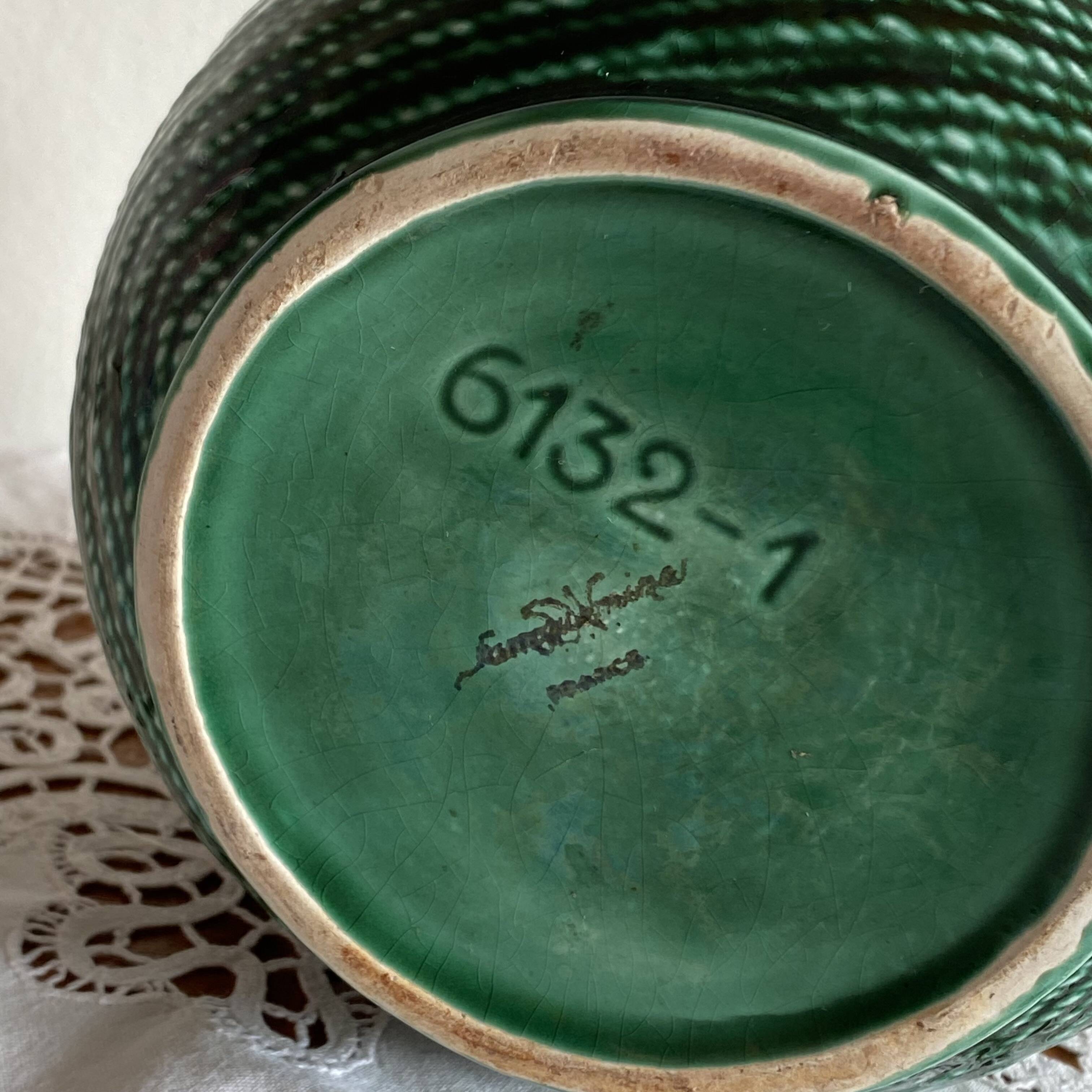 Green ceramic pitcher Sarreguemines vintage tableware