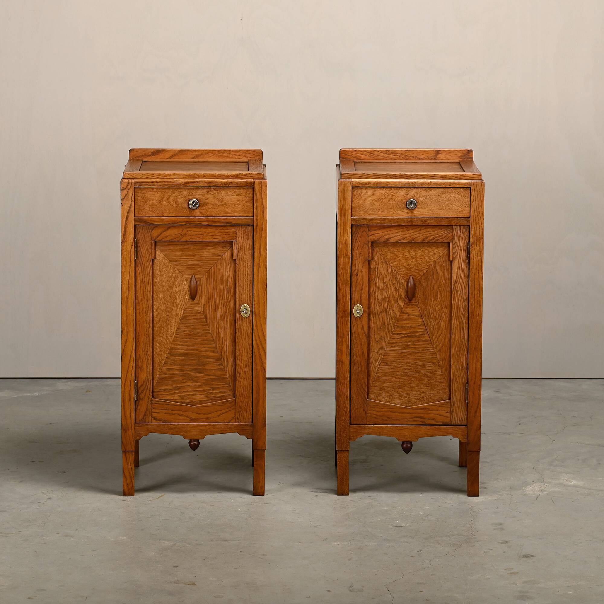 Art Deco Amsterdam School Nightstands oak wood and glass, 1930s Netherlands