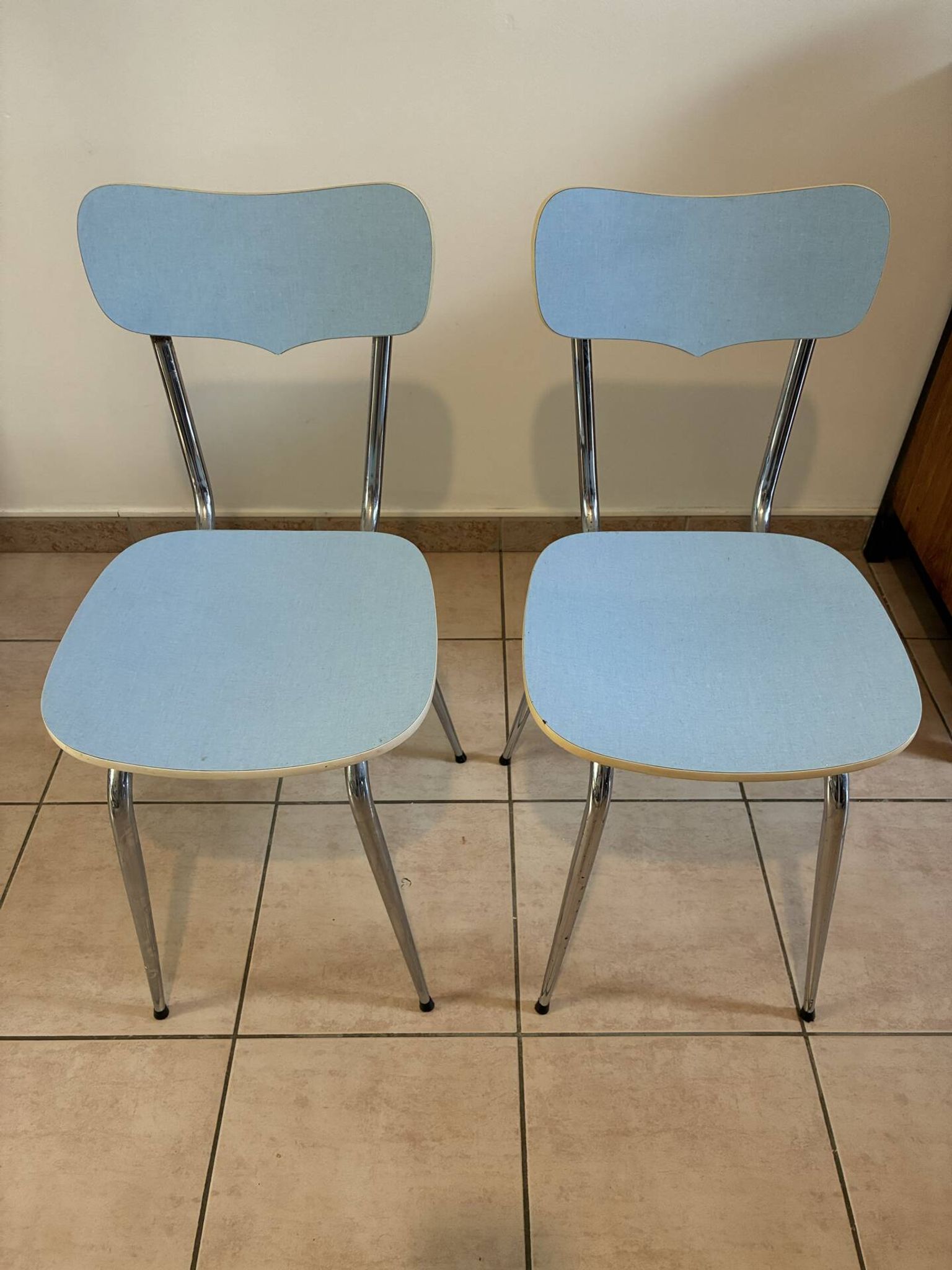 Pair of vintage sky blue Formica chairs – 1950s/60s Peugeot