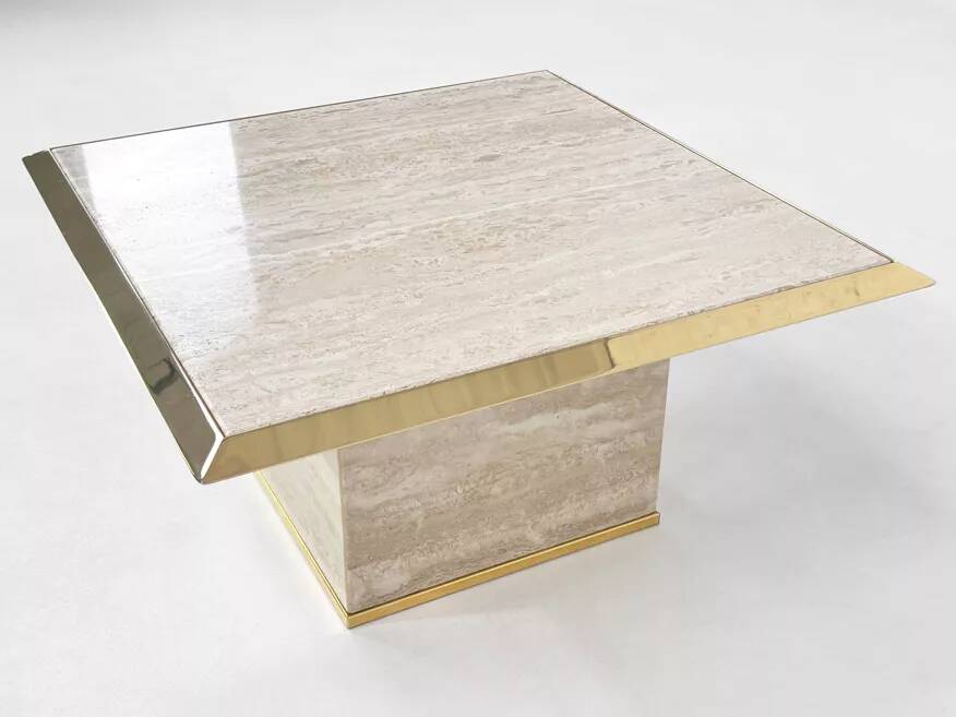 1970s square coffee table in travertine and brass