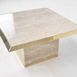1970s square coffee table in travertine and brass