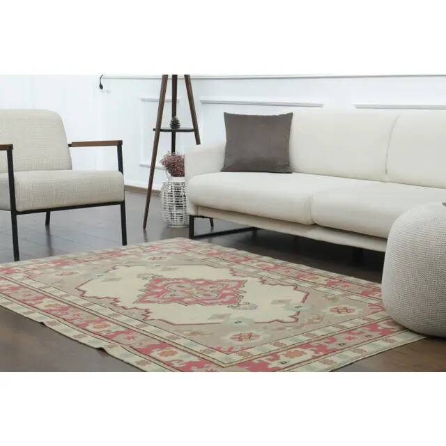 1970s Vintage Turkish Oushak Handmade Wool Cotton Cream Area Rug 150x205