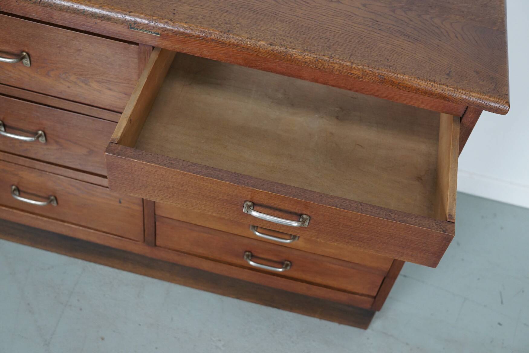 Dutch Industrial Oak Apothecary Cabinet, Mid-20th Century